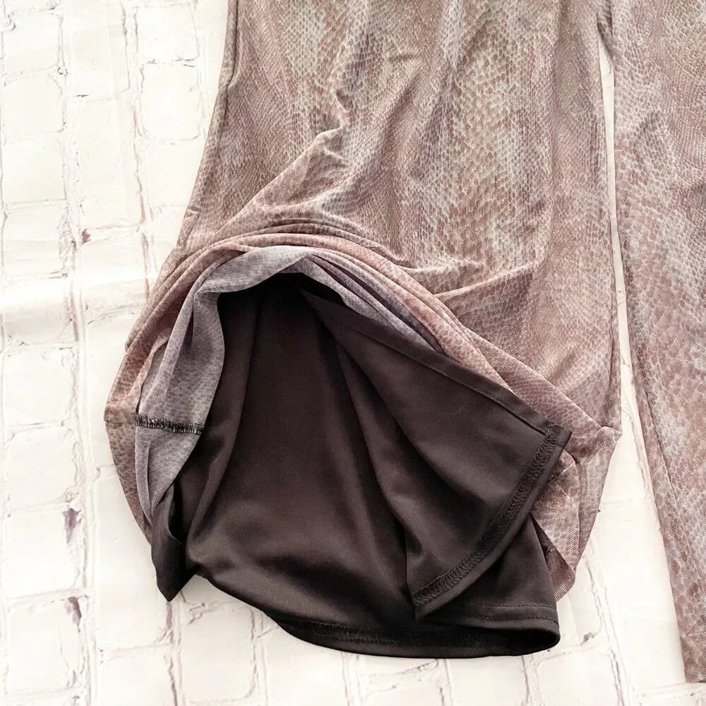 Cache Snake Print Lined mesh Sheer Flowy Palazzo Purple Taupe Wide Leg Pants M - Picture 10 of 12